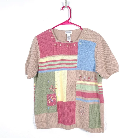 Koret Vintage Patchwork Knit Blouse – Cottagecore Grandmacore Top – Pink & Cream - Picture 2 of 13